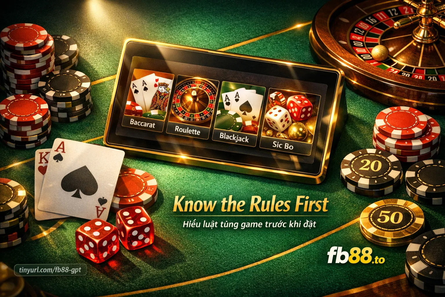 Bốn game casino Fb88 gồm Baccarat Blackjack Roulette Sicbo với luật và nhịp chơi khác nhau